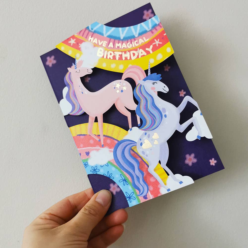 Originale Scherenschnittkarte - Einhörner over the Rainbow